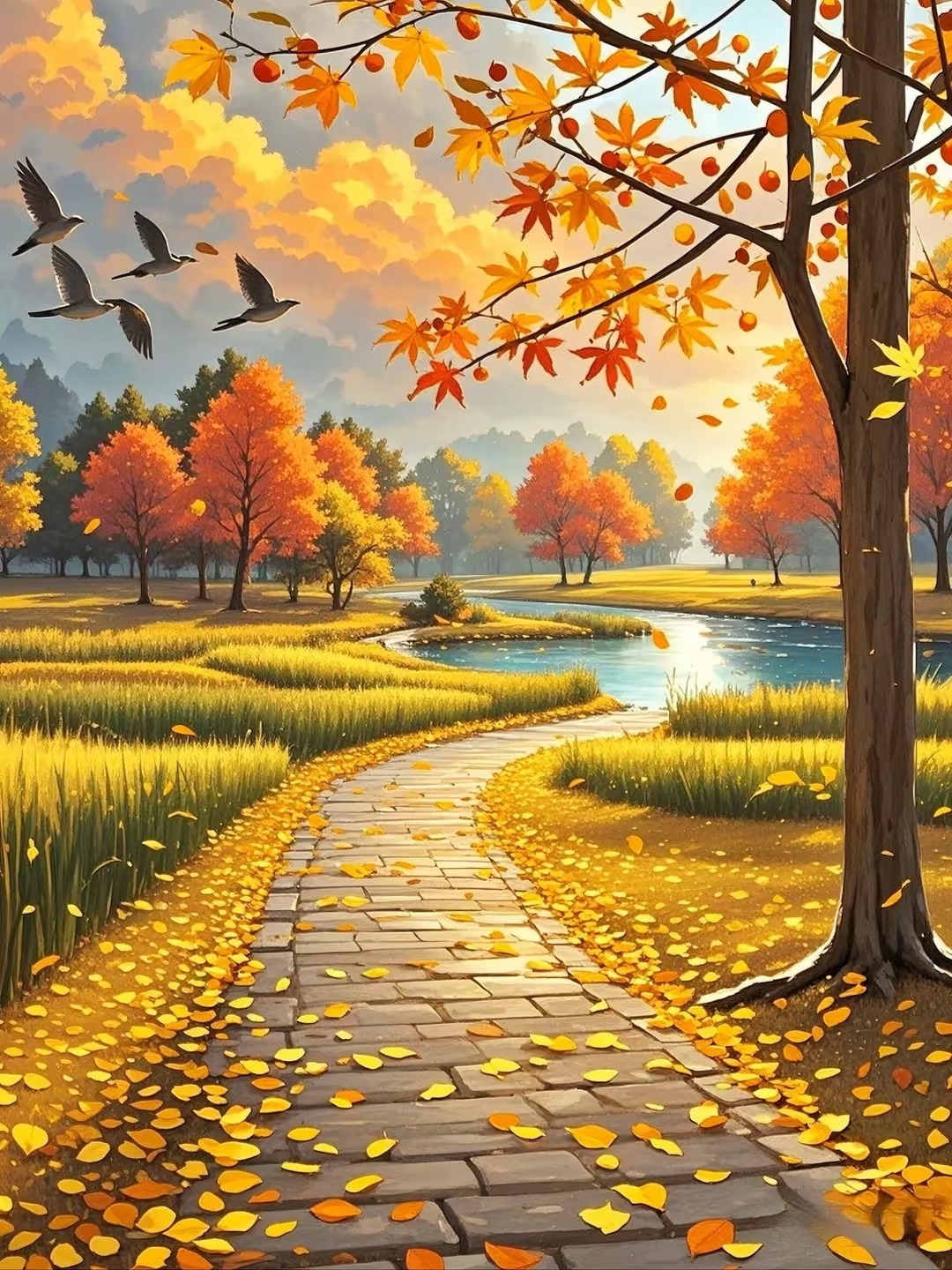 秋天公园里的小路,金黄落叶铺满,远处湖光粼粼,飞鸟掠过天空,好一幅
