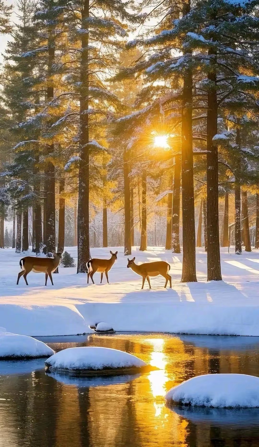 湖面波光粼粼,三只鹿在雪地中悠闲漫步,构成一幅宁静和谐的画面