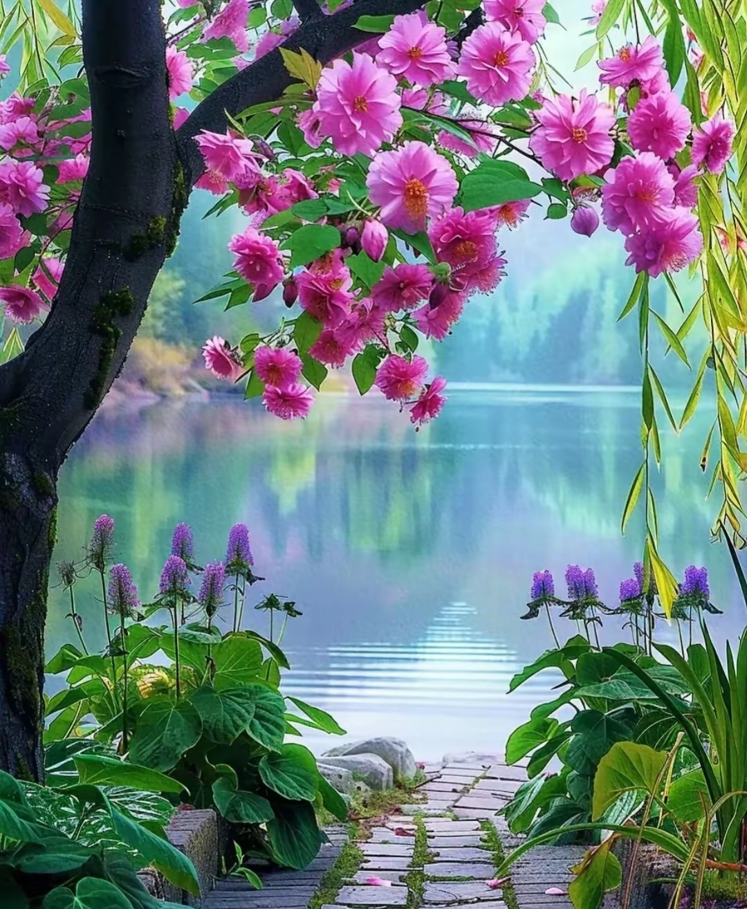 走带你去河边看看,鲜花盛开的河边绿茵一片.