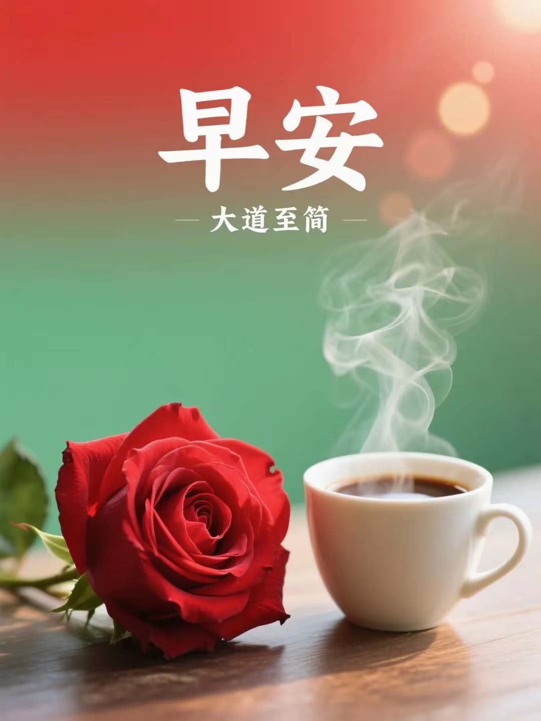 早安你好问候语图片精美,一支玫瑰花,一杯咖啡,一份三明治,一杯牛奶