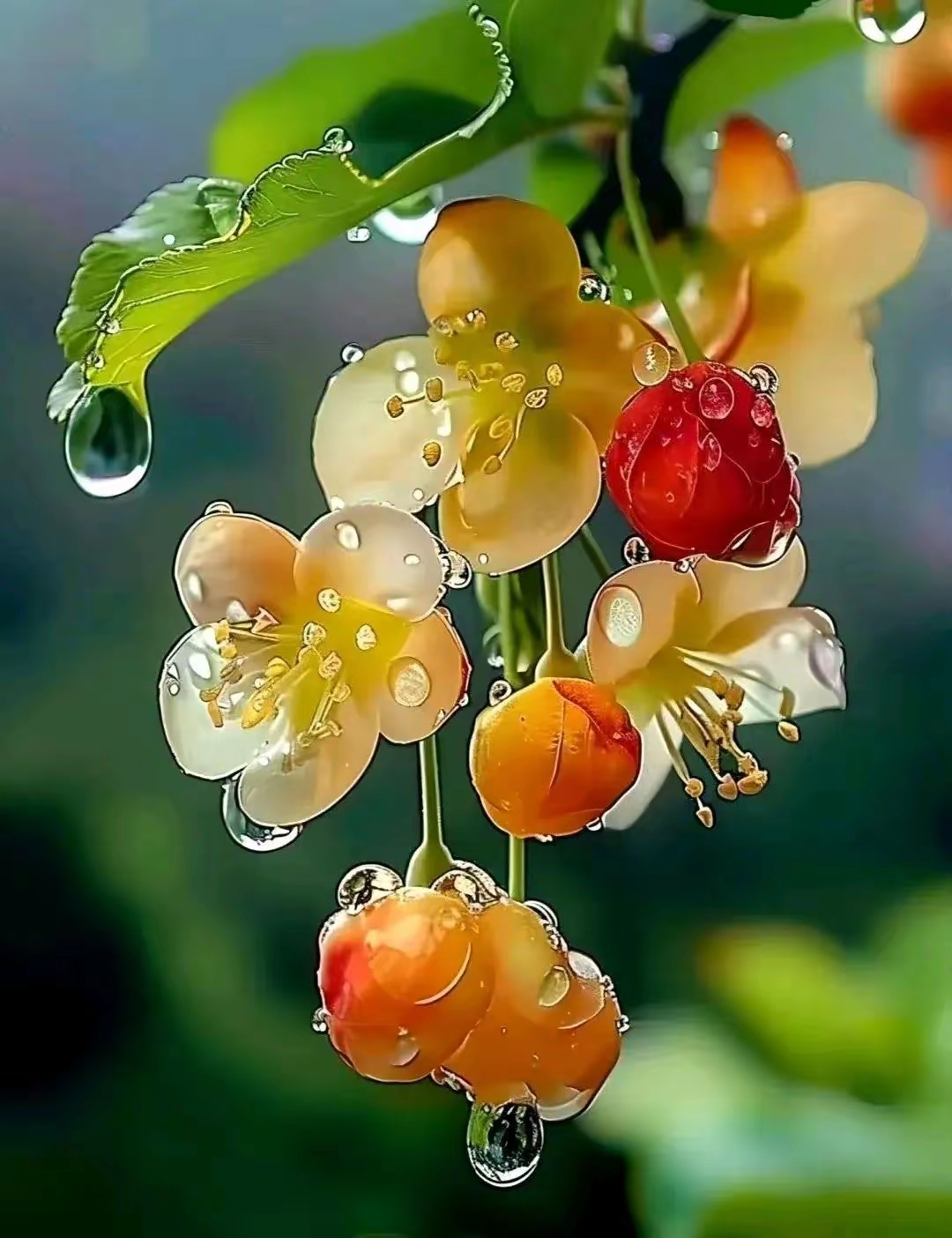 雨珠点缀,花瓣娇艳欲滴,宛如精巧的水晶,清新脱俗,美得令人心醉.