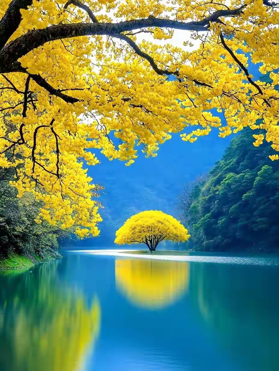 初秋的美景图片,太漂亮啦!秋意浓,湖边黄叶舞翩跹,静美如画.