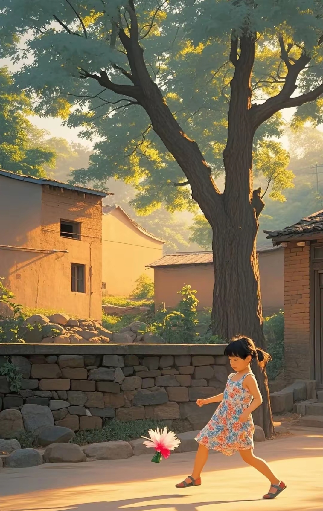 片落叶舞空中,小女孩欢快地踢起童趣的毽子,好一幅温馨的童年秋日图景