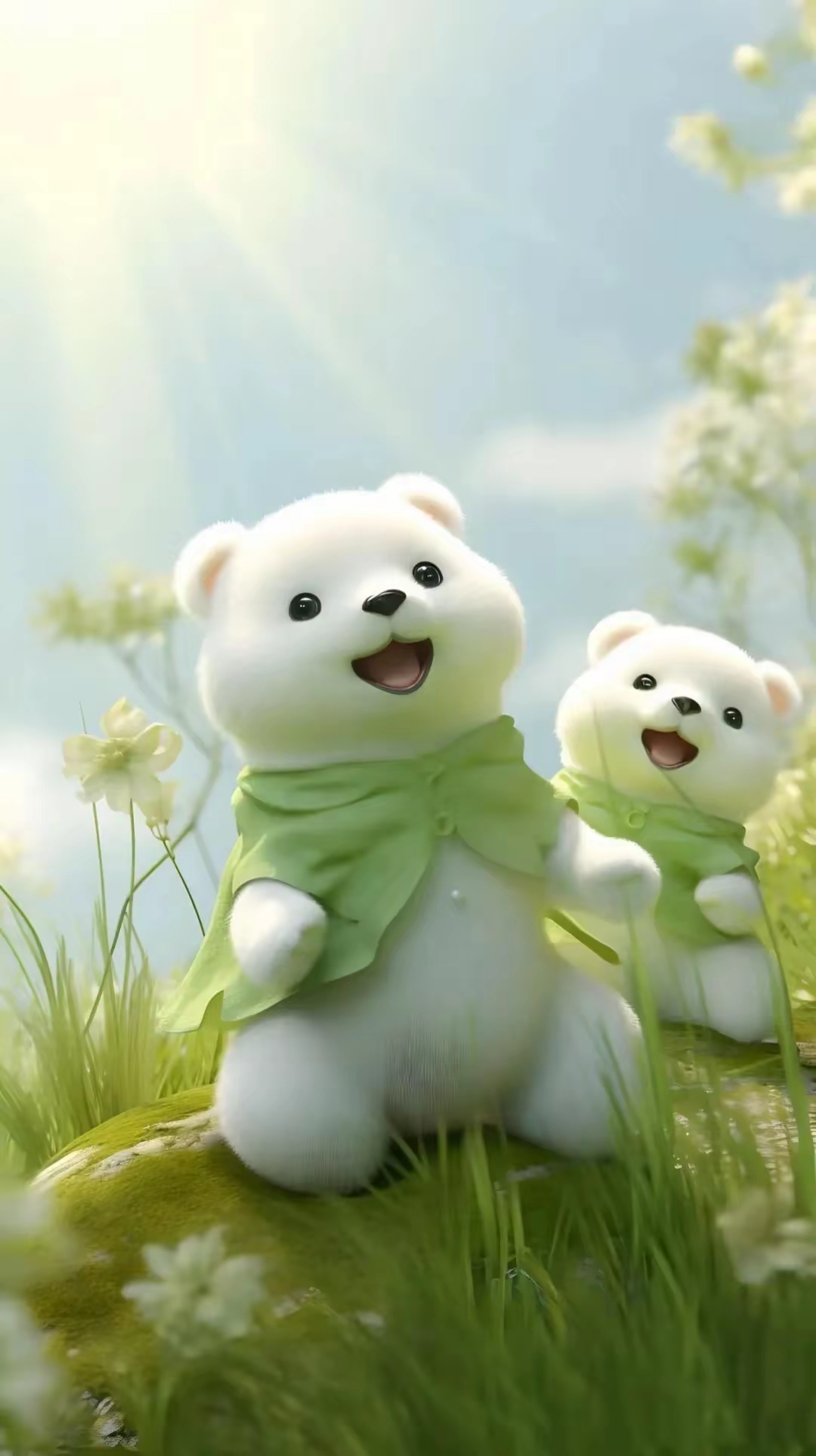 绿色背景有两只小鸟,绿色背景有两只小熊,绿色背景有