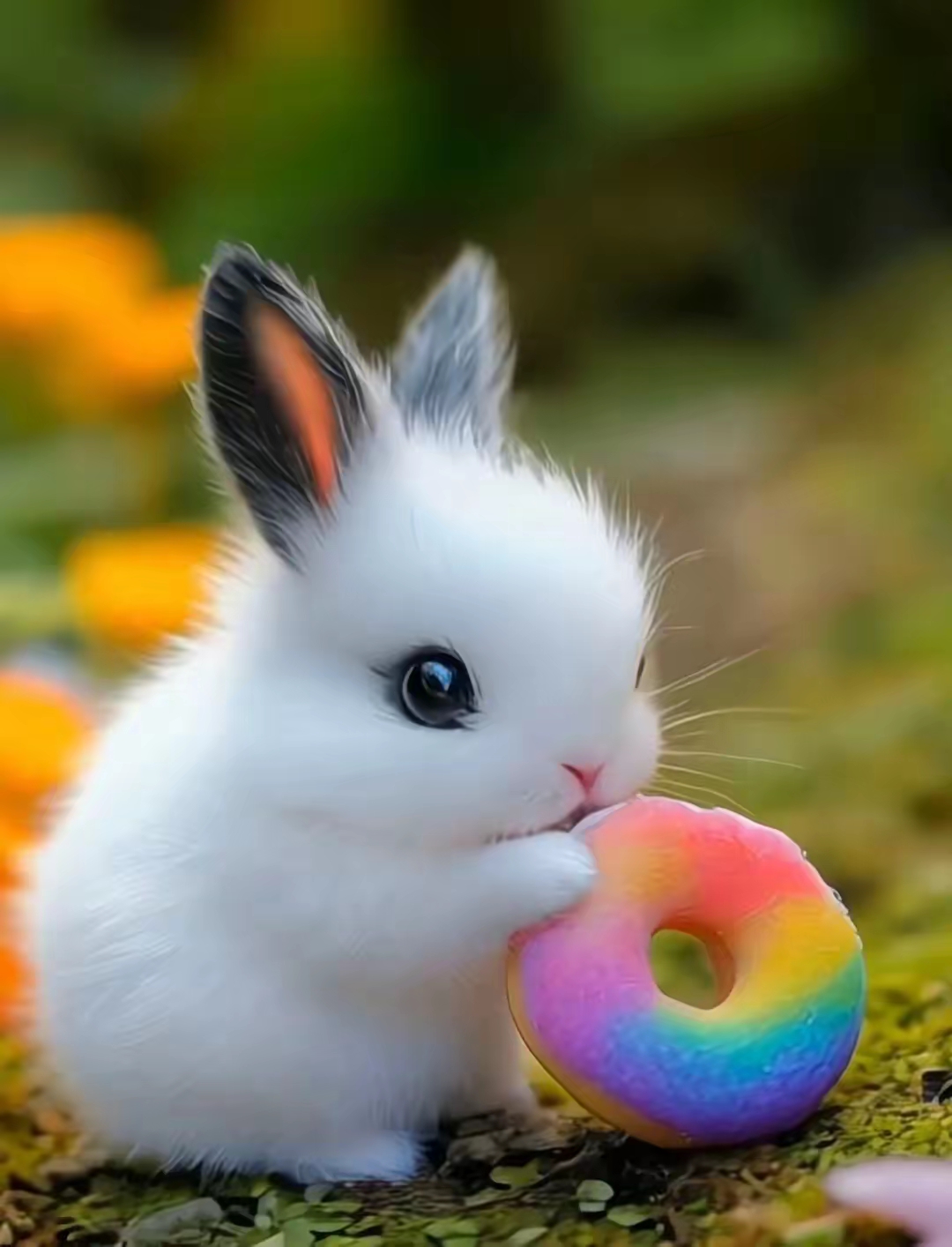 这只小白兔好可爱,它居然在啃彩虹色的甜甜圈,真是萌翻了!