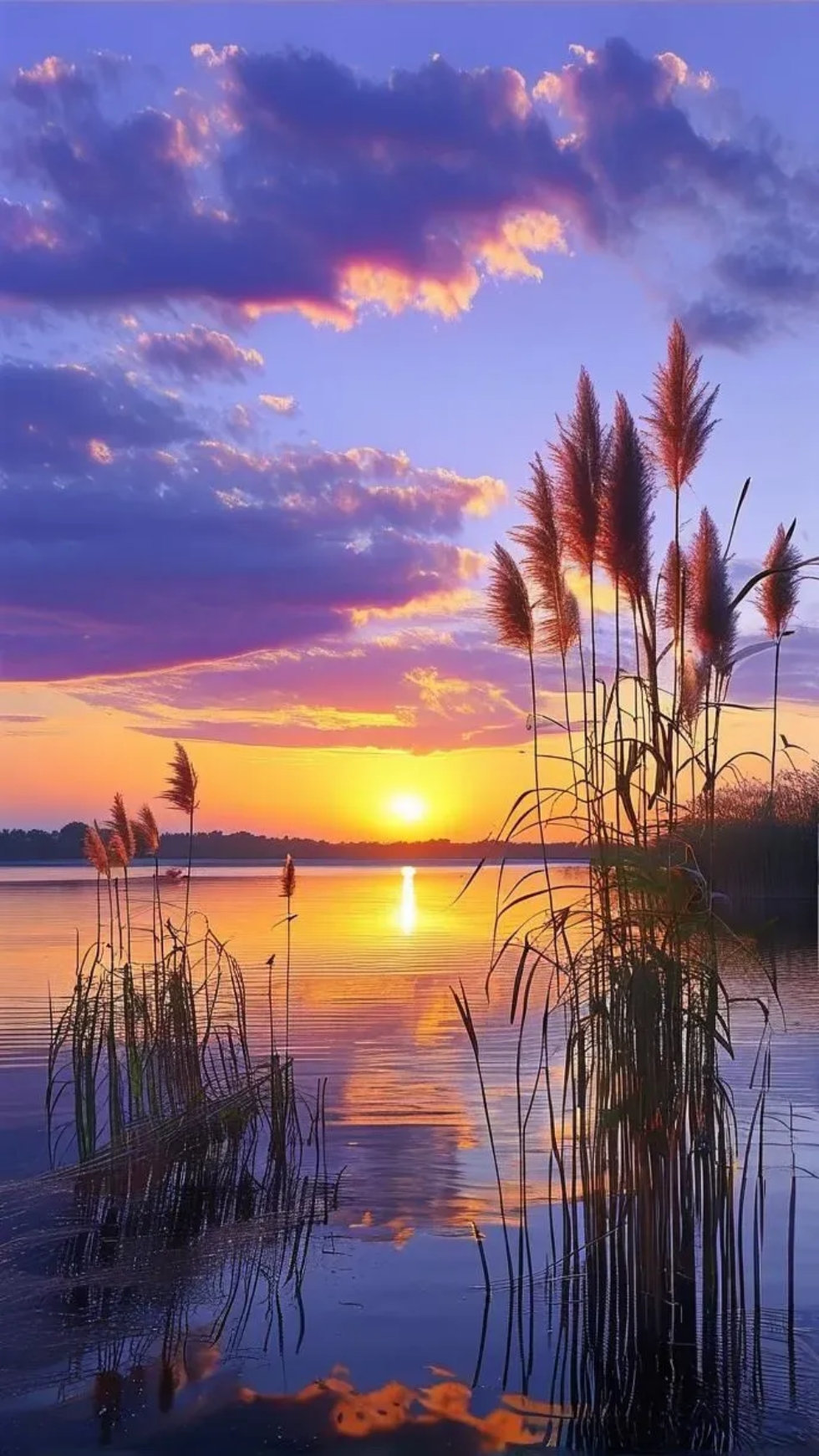 夕阳斜下,云彩遮挡了余晖,平静的湖面上矗立着芦苇,紫色的霞光把整个