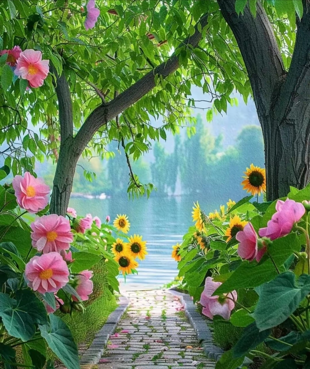 走带你去河边看看,鲜花盛开的河边绿茵一片.