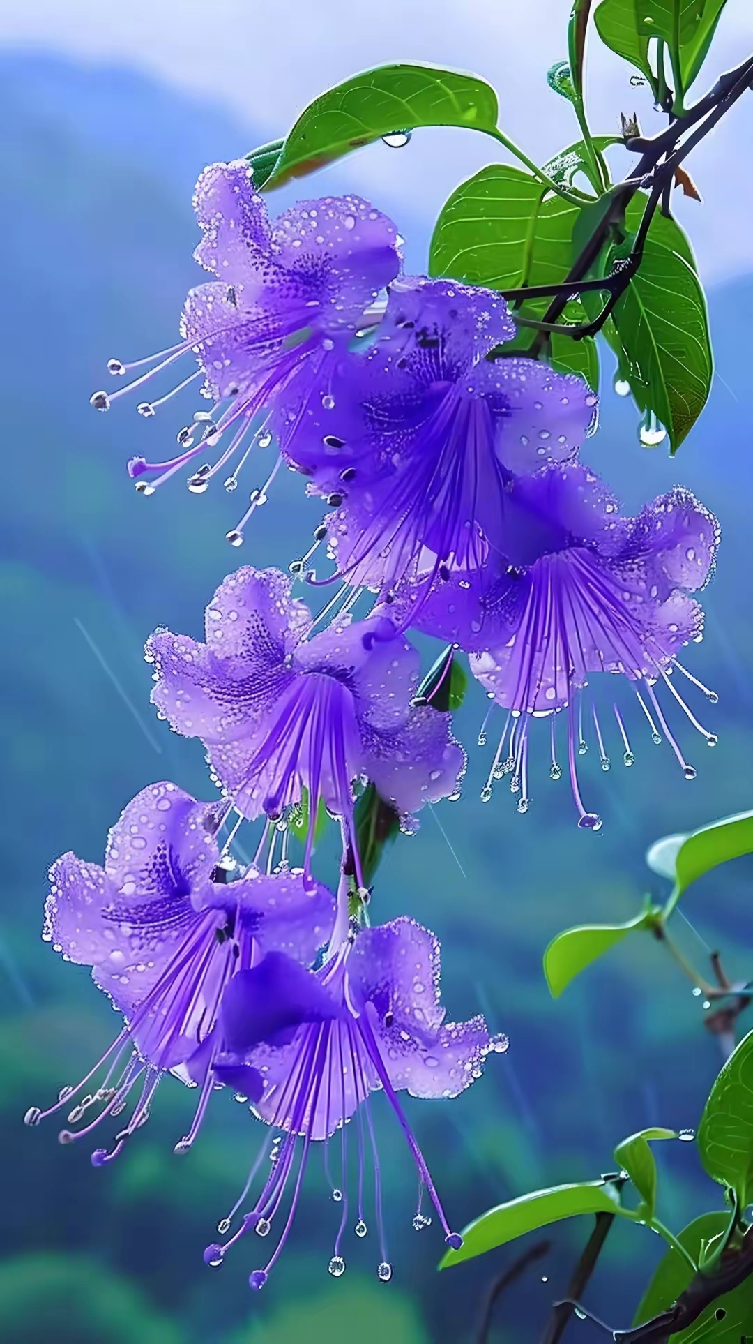 紫色花瓣带雨滴的图片!晶莹剔透的雨滴落在花蕊上似珍珠般耀眼!