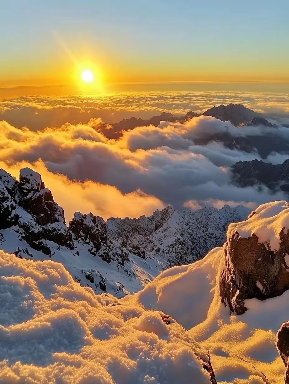 新的一天从这云端之上的壮丽景色开始,阳光洒在雪山上,美得让人屏息