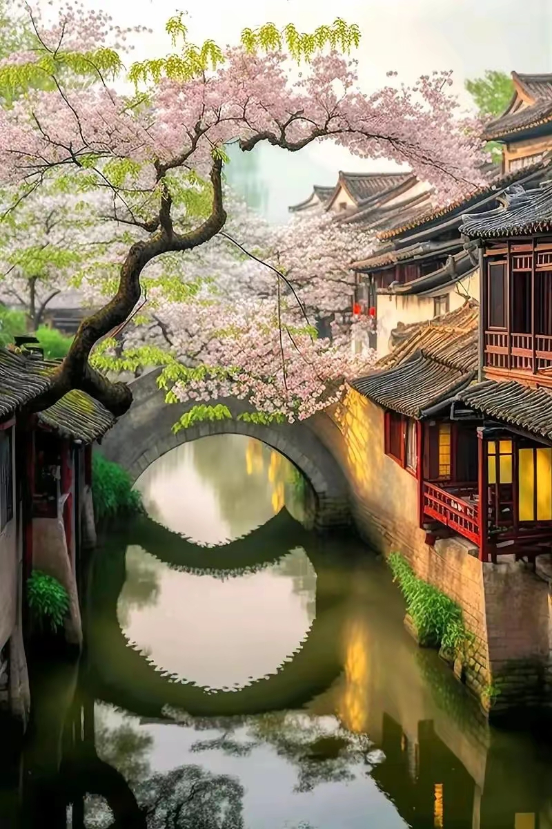 江南小镇小桥流水人家图片!烟花三月乌篷船一副美景