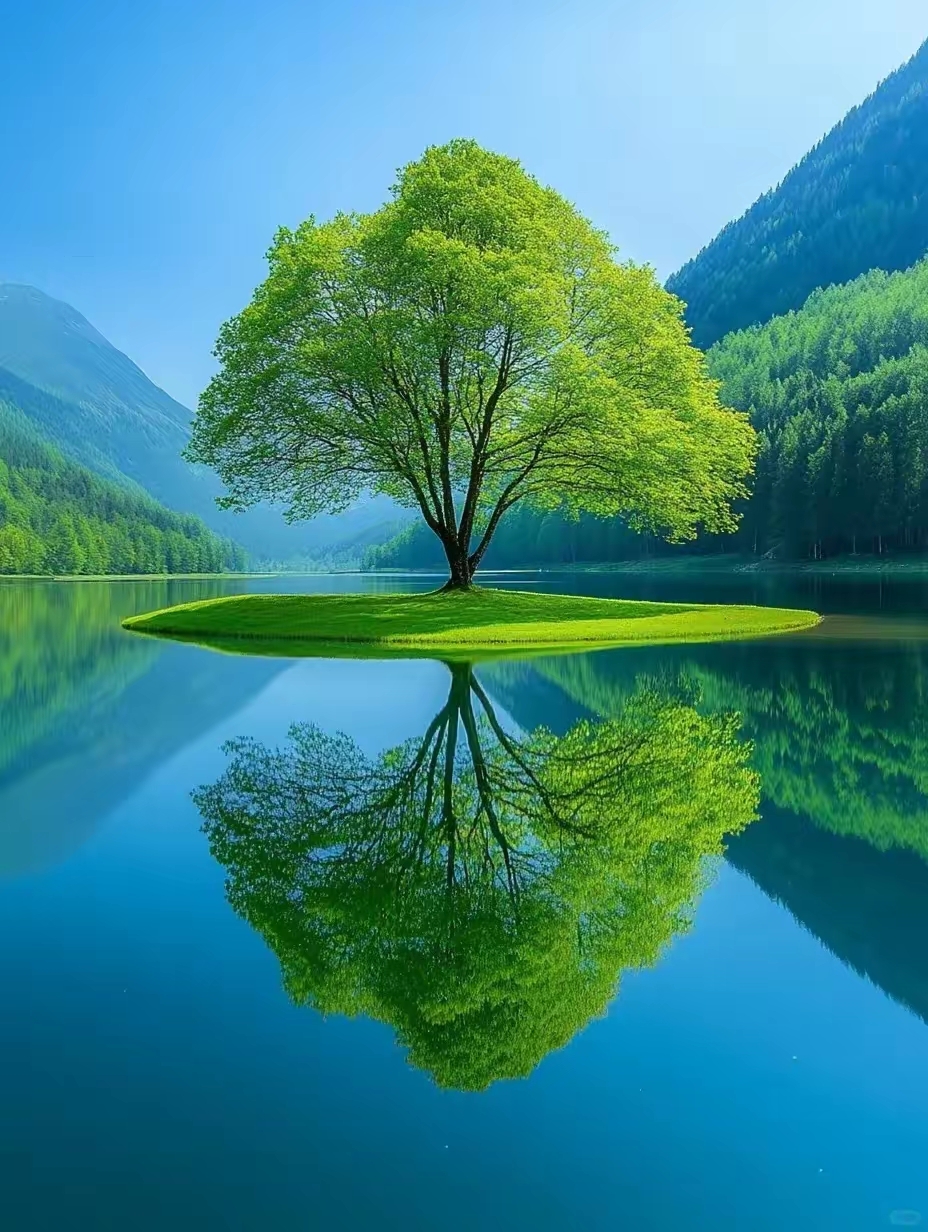 绿色养眼的壁纸屏保手机背景墙的图片,一棵树生长在山水之间的图片,湖