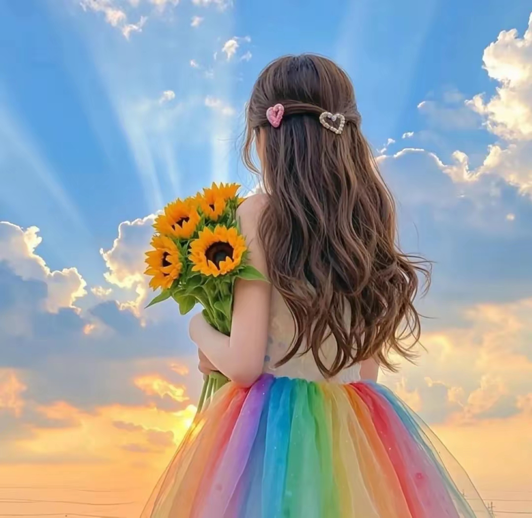 美女背影头像图片,小姑娘站着背影长发手捧鲜花面朝大海的背影头像