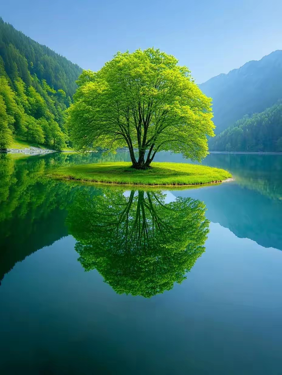 把山水树都倒影在湖面,太美太干净的山水风景图一棵树绿色养眼自然