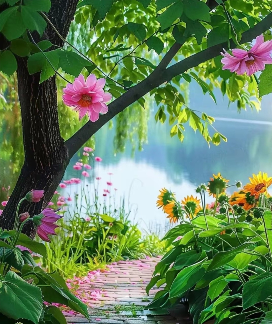 走带你去河边看看,鲜花盛开的河边绿茵一片.