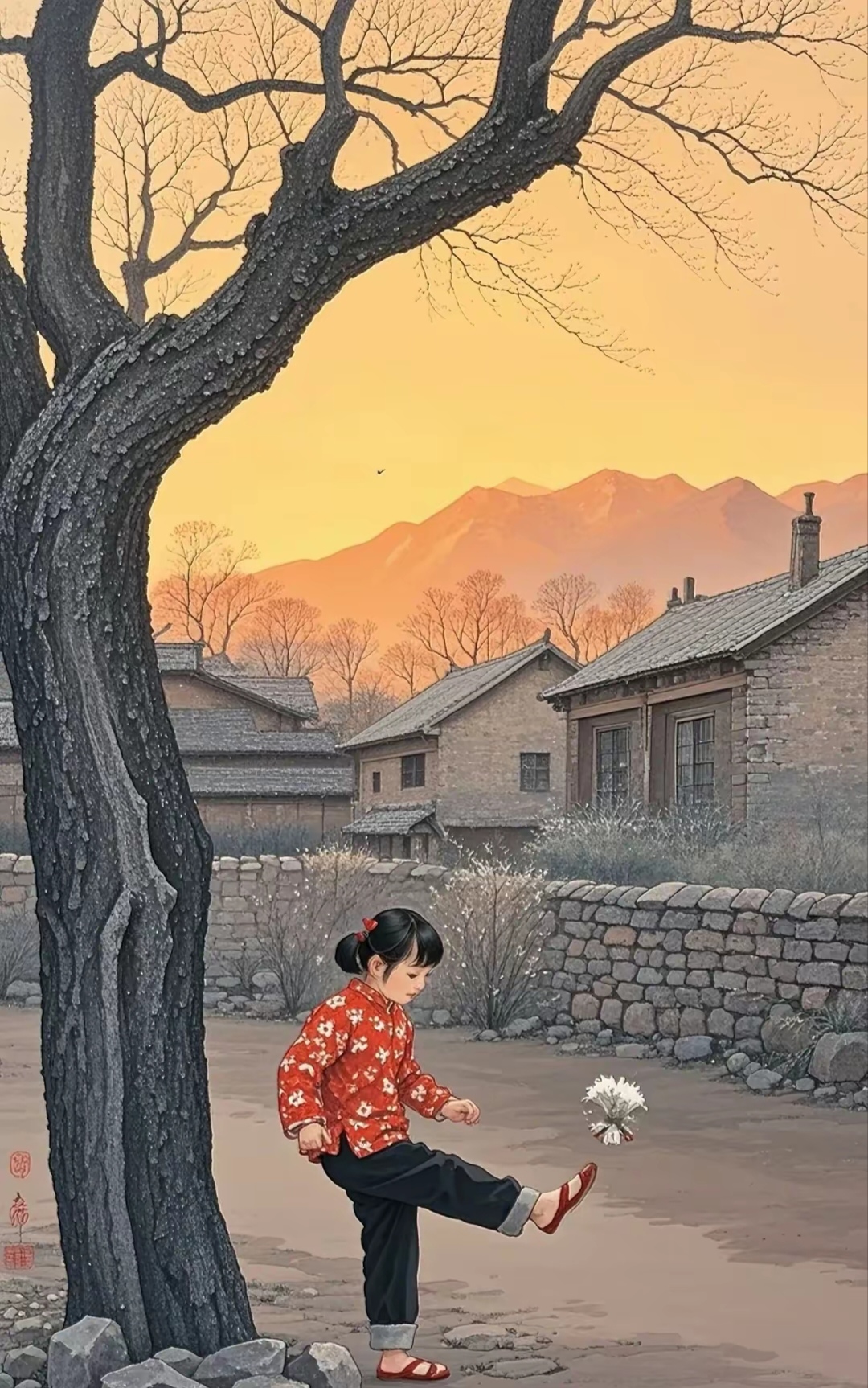 片落叶舞空中,小女孩欢快地踢起童趣的毽子,好一幅温馨的童年秋日图景