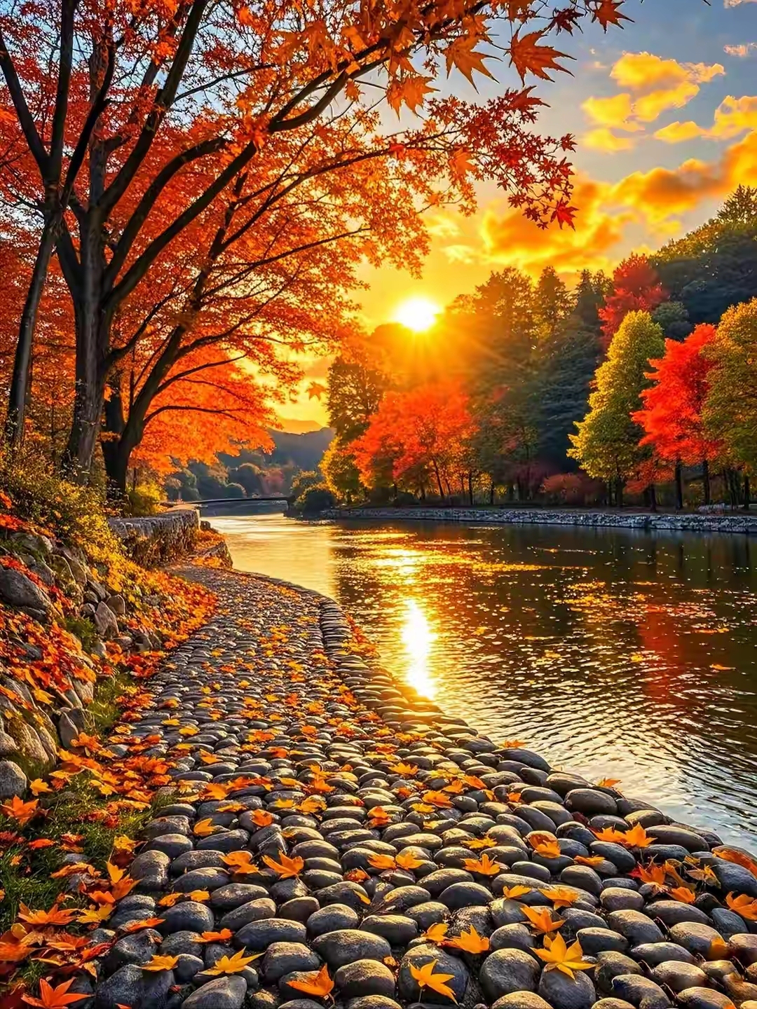 秋天的景色美得像幅画,走在满是落叶的小路上,听着水声,感觉整个世界