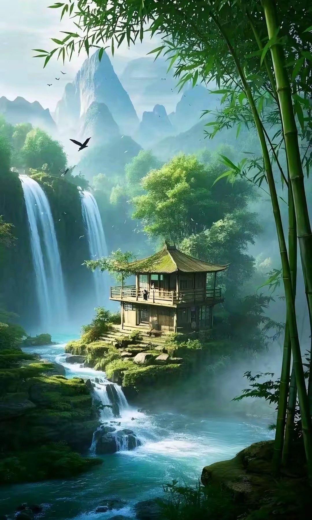 青山绿水瀑布美景图片
