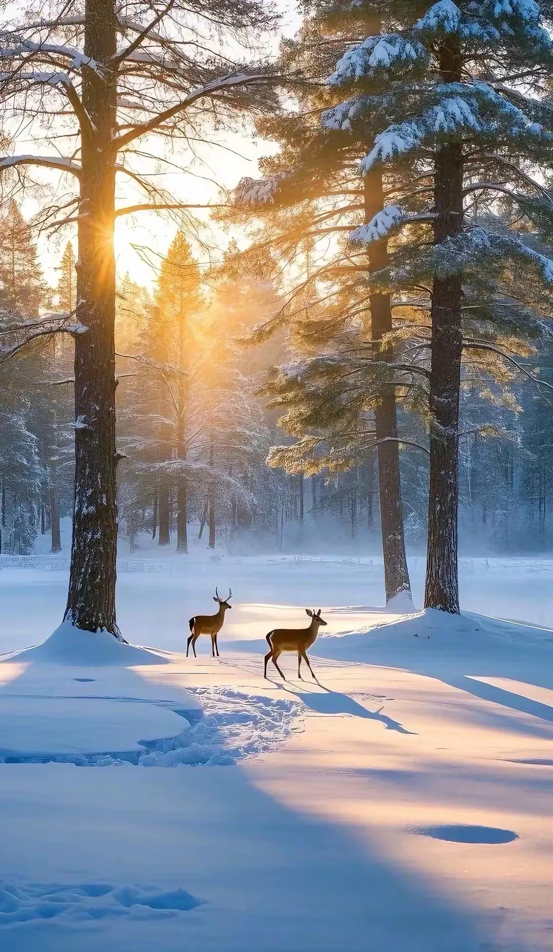 湖面波光粼粼,三只鹿在雪地中悠闲漫步,构成一幅宁静和谐的画面