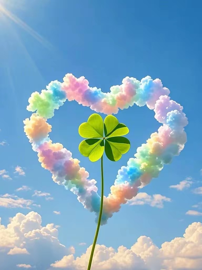 天空中的彩虹心形云朵里,藏着一株四叶草,仿佛在诉说一个美丽的秘密