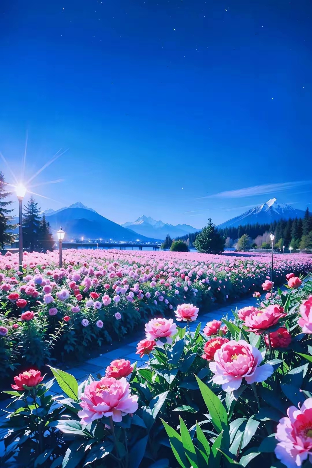 夜空下,星光璀璨,山峦叠翠,花田浪漫.牡丹花图片!