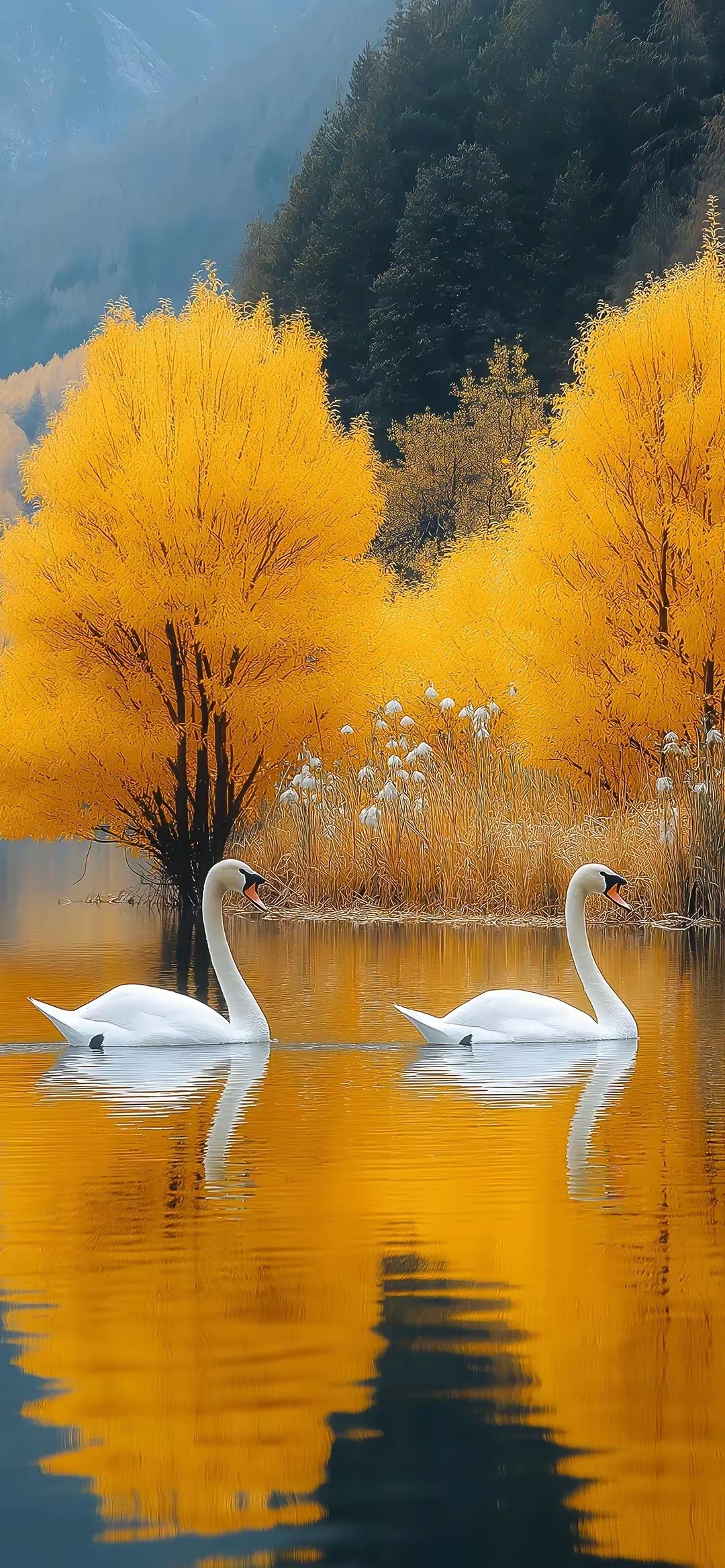 白色的天鹅在湖面倒影着的黄色水面游来游去,真的是太悠闲了.