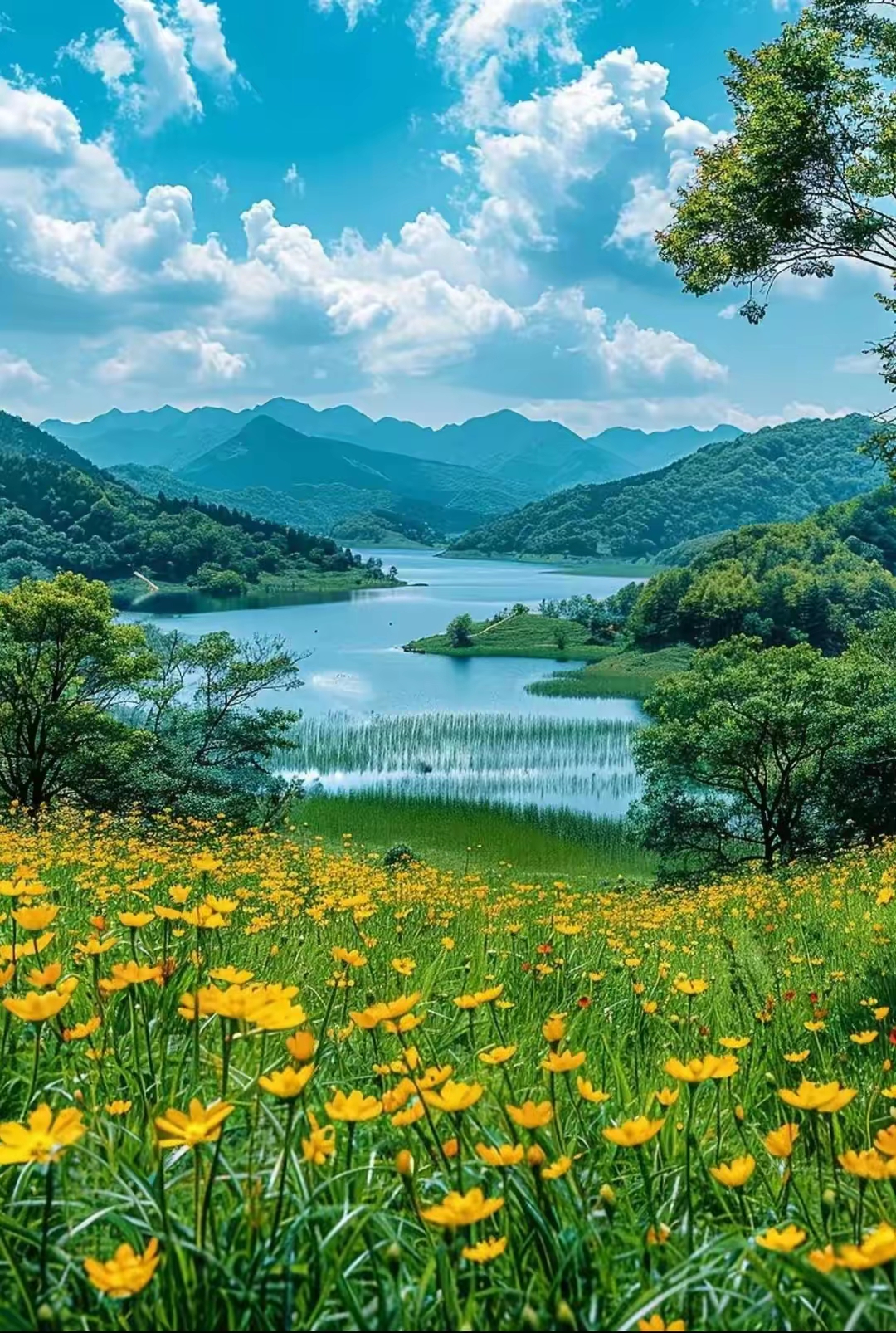 云雾缭绕的鲜花铺满大地的山水美景图片!