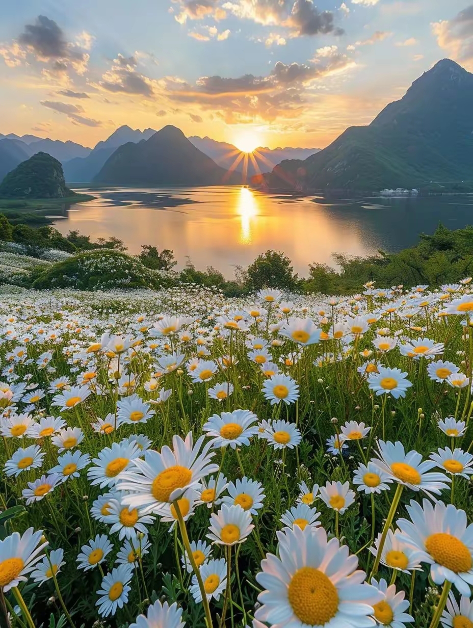 这夕阳下的雏菊花海美翻了!夕阳美景图片!