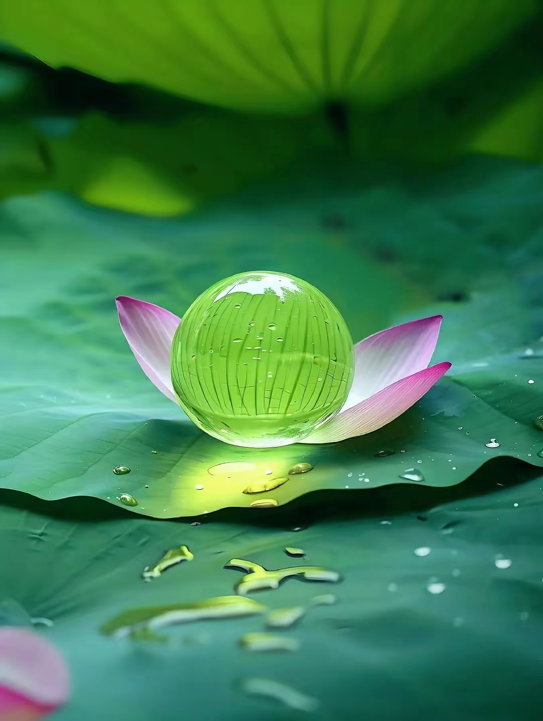 绿宝石般剔透的水珠,轻吻着粉嫩莲花,静谧中透着生机.