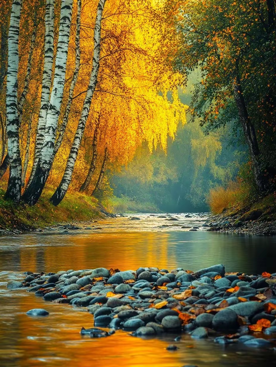 漂亮的秋天风景,溪水白桦林暖暖的阳光洒在树叶上!