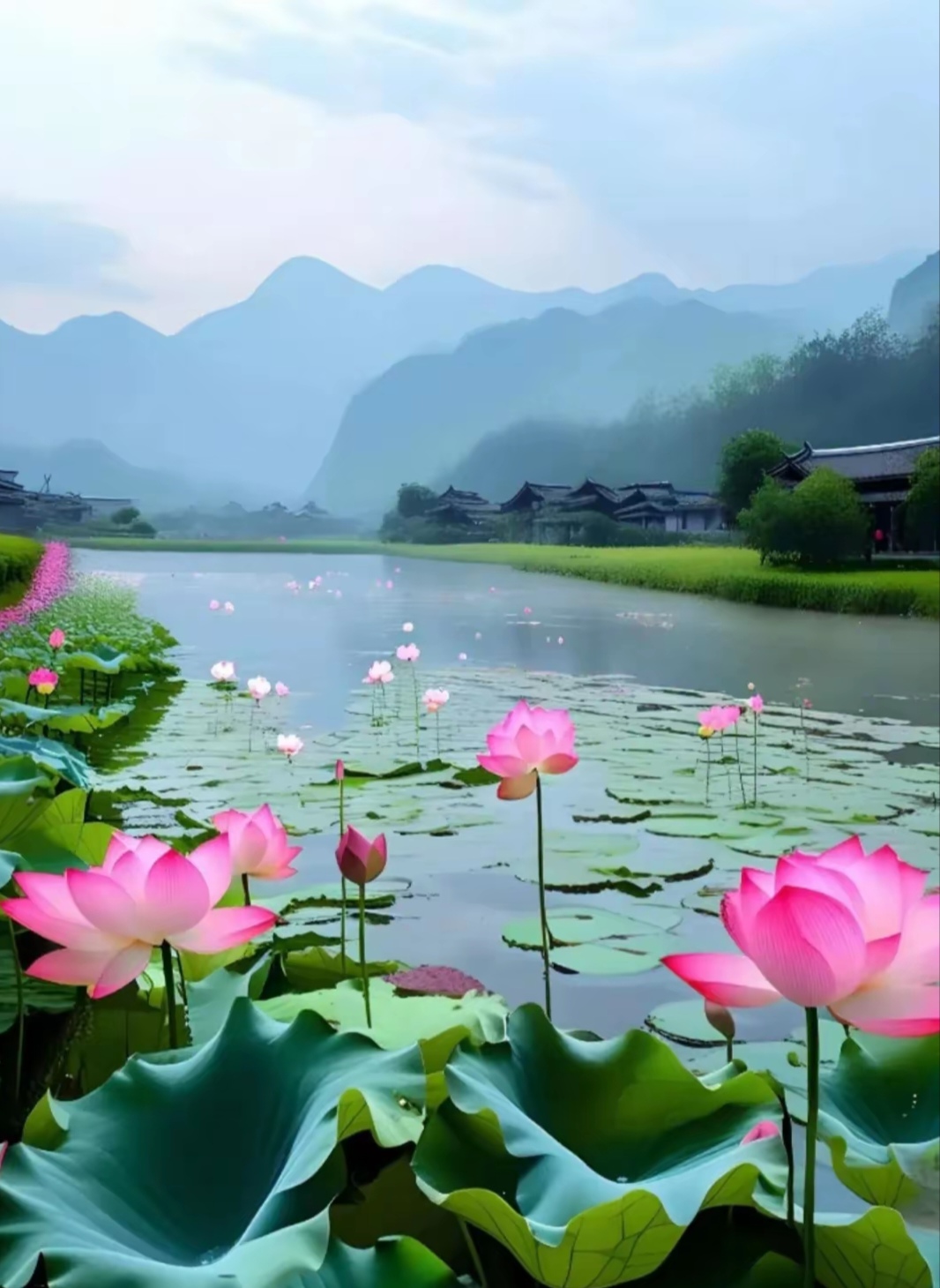 荷塘月色图片!山色湖光中,粉荷绿叶间,古韵小筑旁,悠然夏日长.