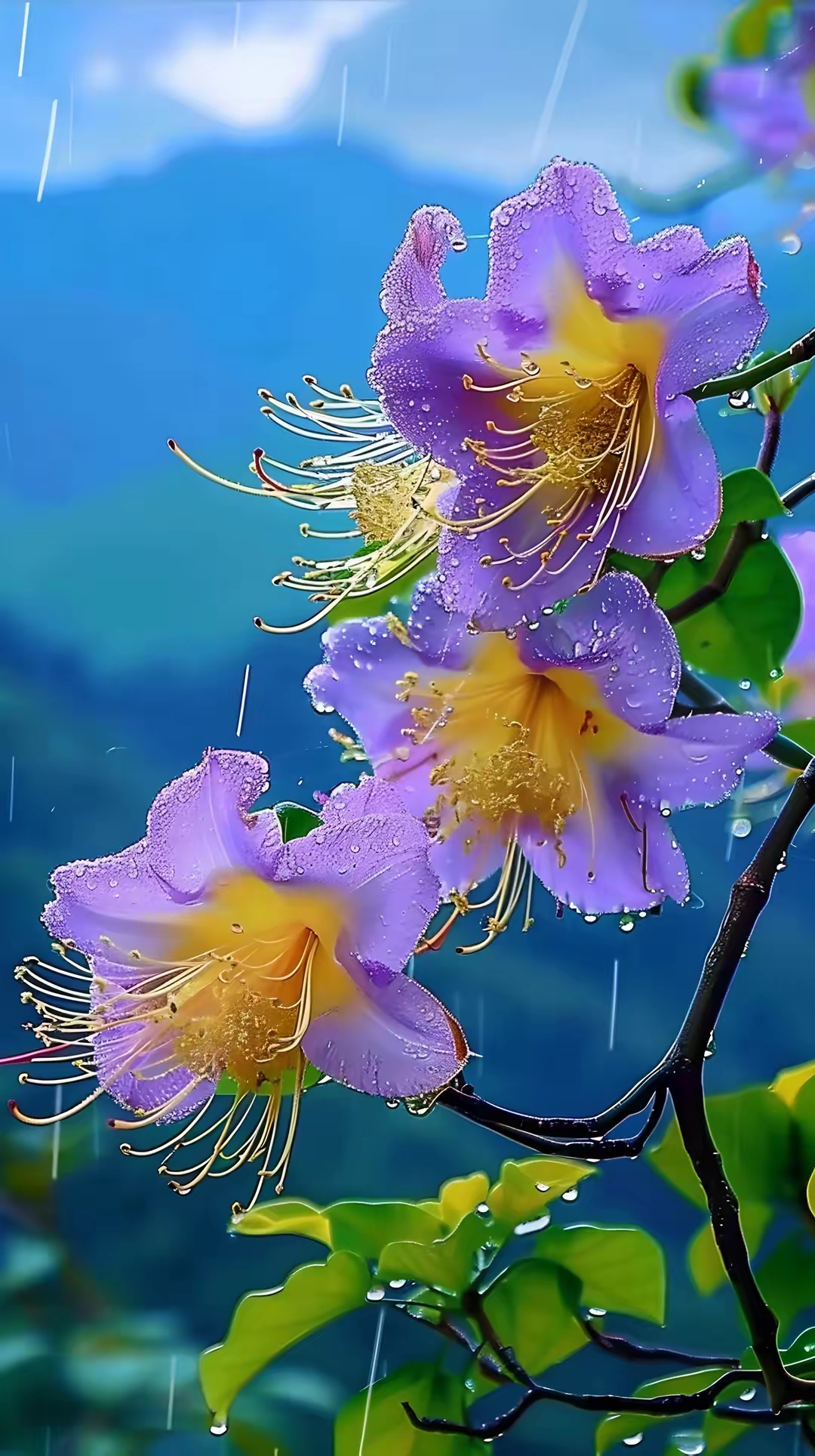 紫色花瓣带雨滴的图片 晶莹剔透的雨滴落在花蕊上似珍珠般耀眼