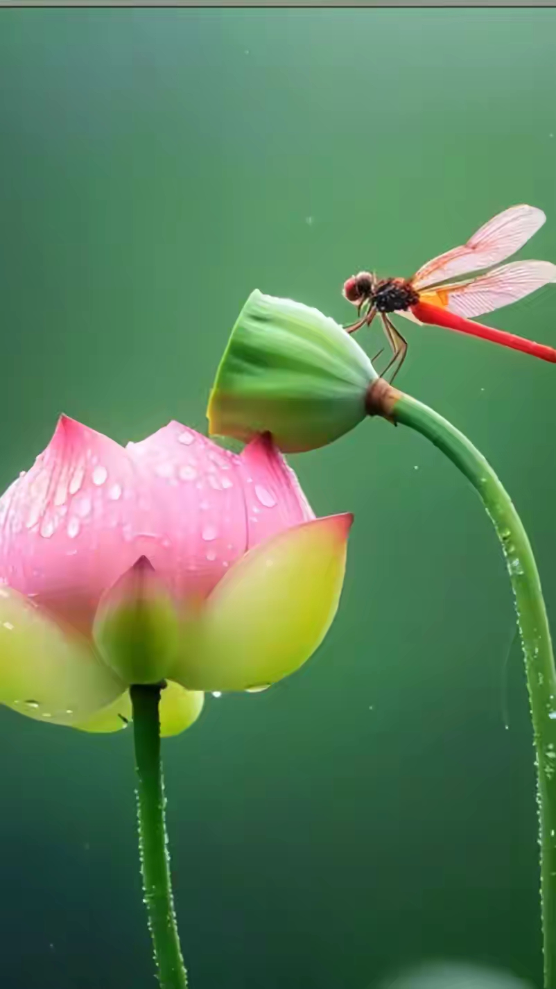 雨露润泽下的粉嫩莲花,蜻蜓轻点,美得恰到好处