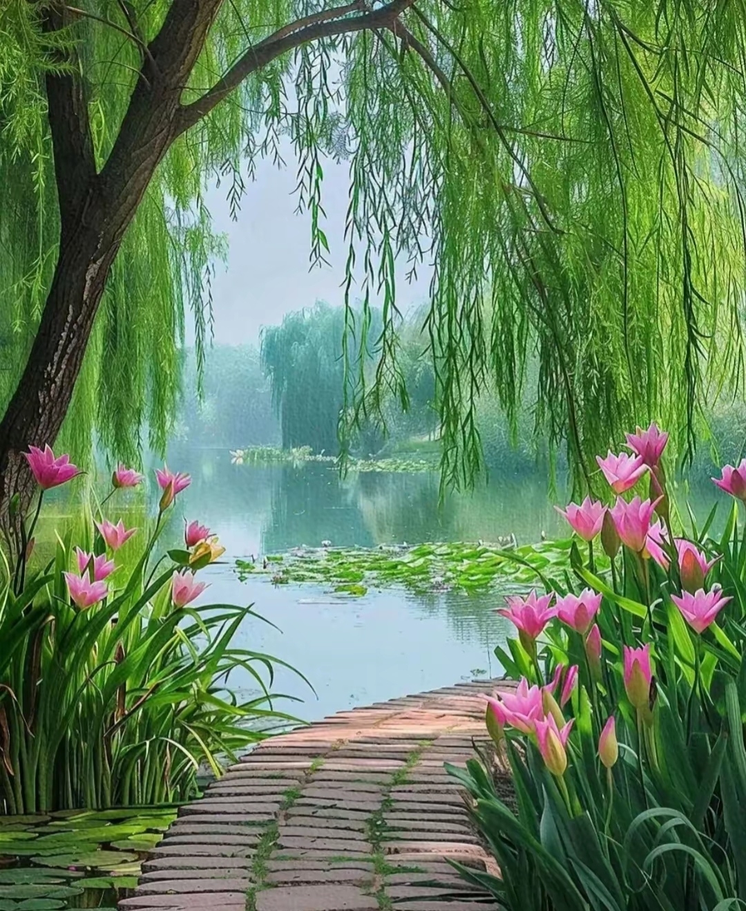 走带你去河边看看,鲜花盛开的河边绿茵一片.