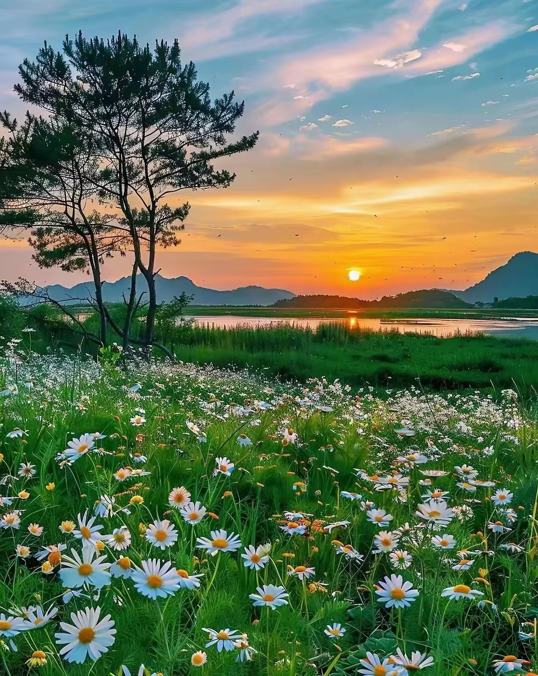 河畔中的夕阳美景图片!夕阳无限好,只是近黄昏.