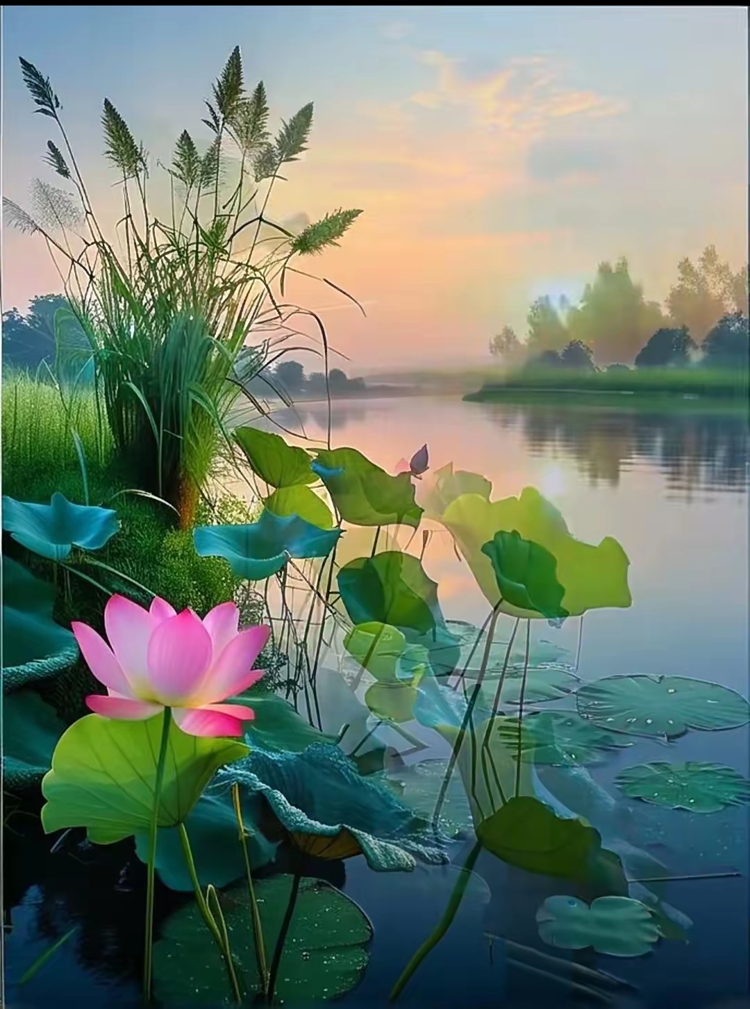 夕阳晚霞,碧波荡漾,漂亮的荷花出淤泥而不染!