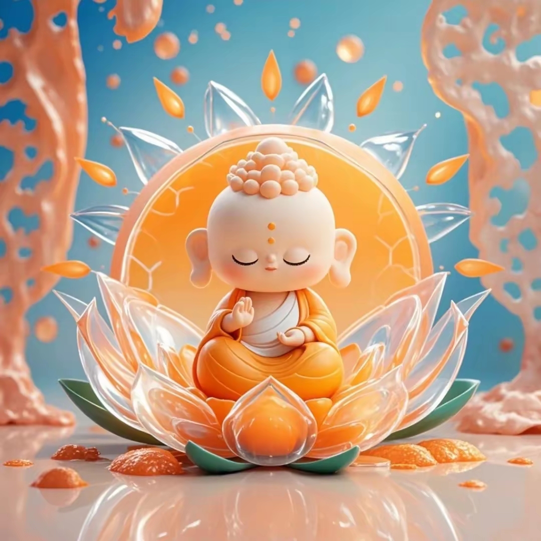 这幅图像捕捉到了一尊小佛像的宁静时刻,它安详地坐在一朵透明橙子瓣