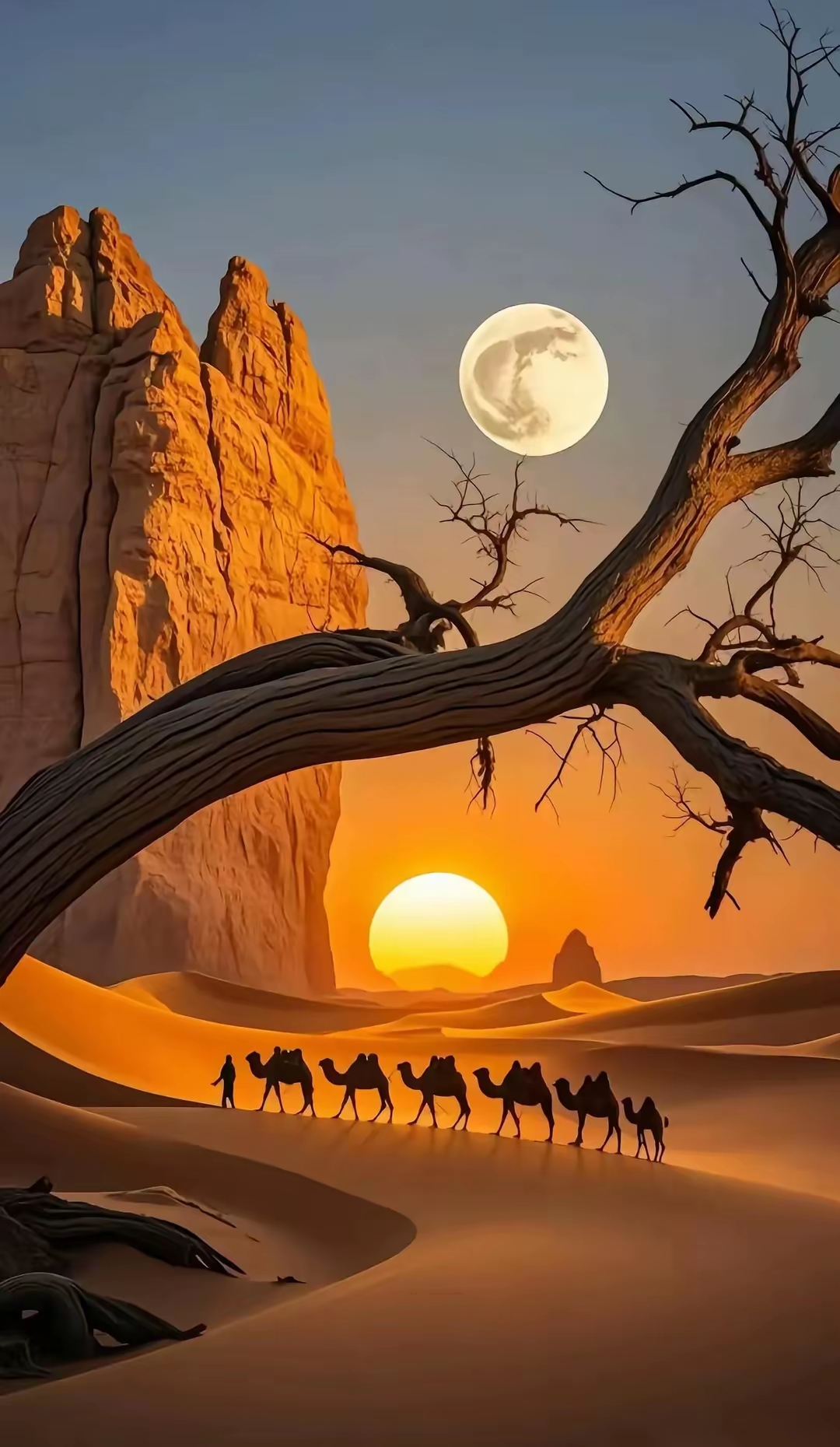 枯树和落日,沙漠丘陵和骆驼,组合在一起就是西域的风景