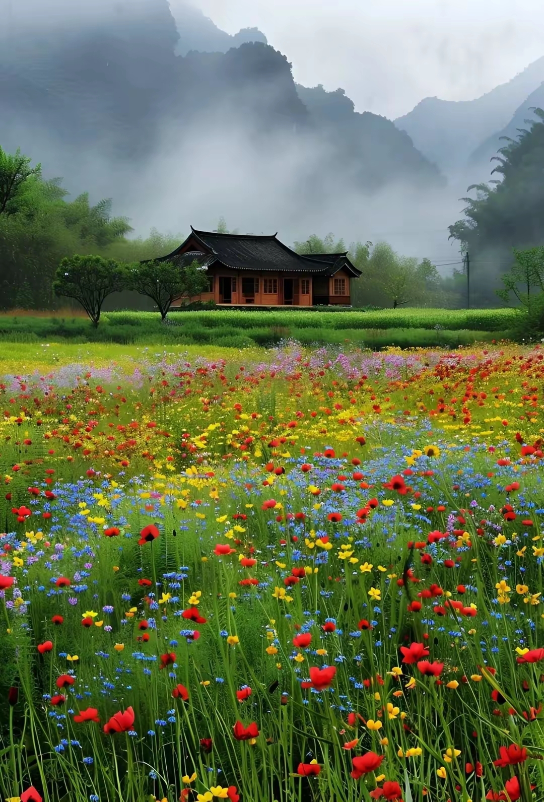 云雾缭绕的鲜花铺满大地的山水美景图片!