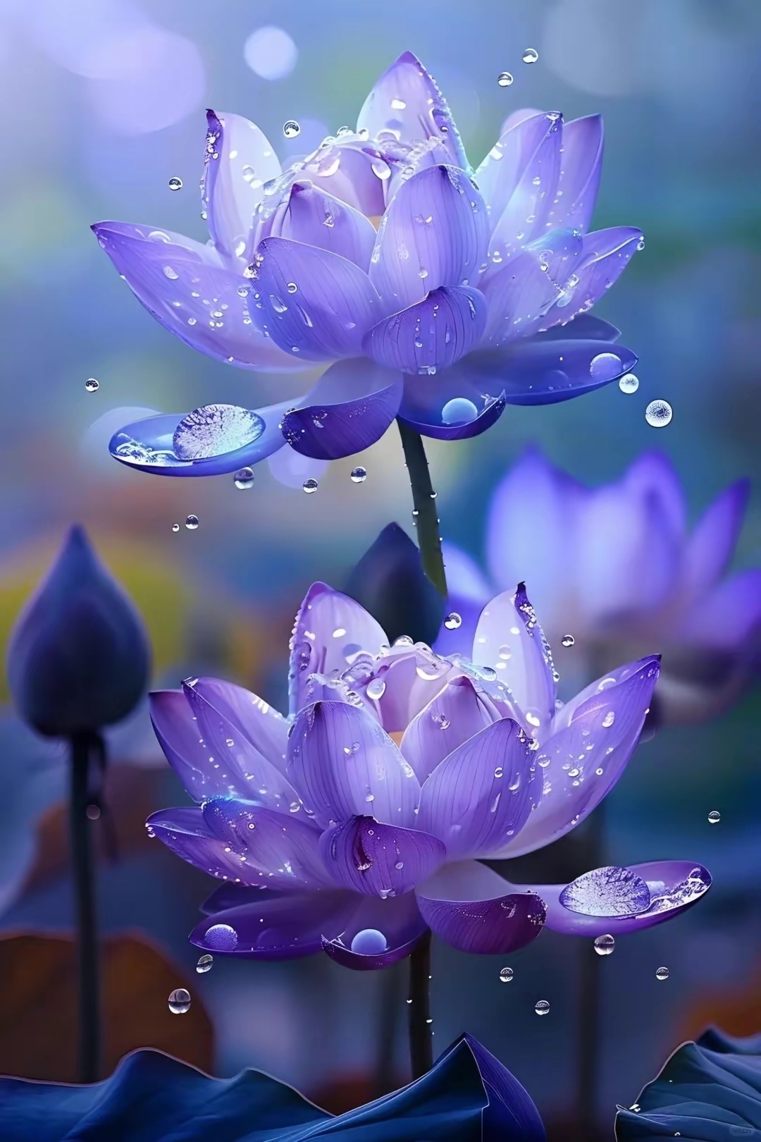 蓝色荷花还是第一次看到,每朵荷花上都带有雨滴,这也太漂亮啦!