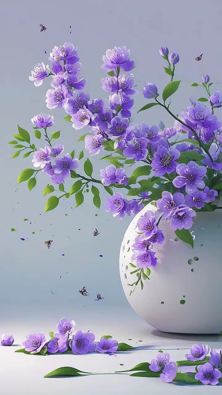 高清晰紫色浪漫温馨的花朵,紫气东来寓意美好的花瓶插花图片,做壁纸