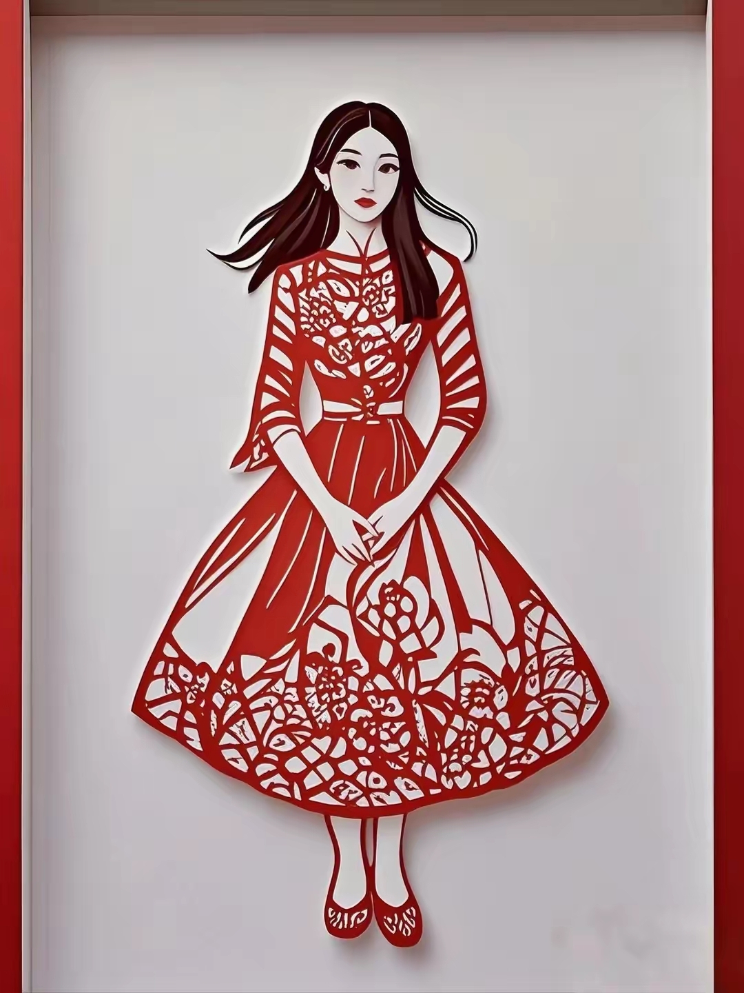 哇,这剪纸美人也太有范儿了,穿着红裙优雅动人,真是让人一眼就爱上!