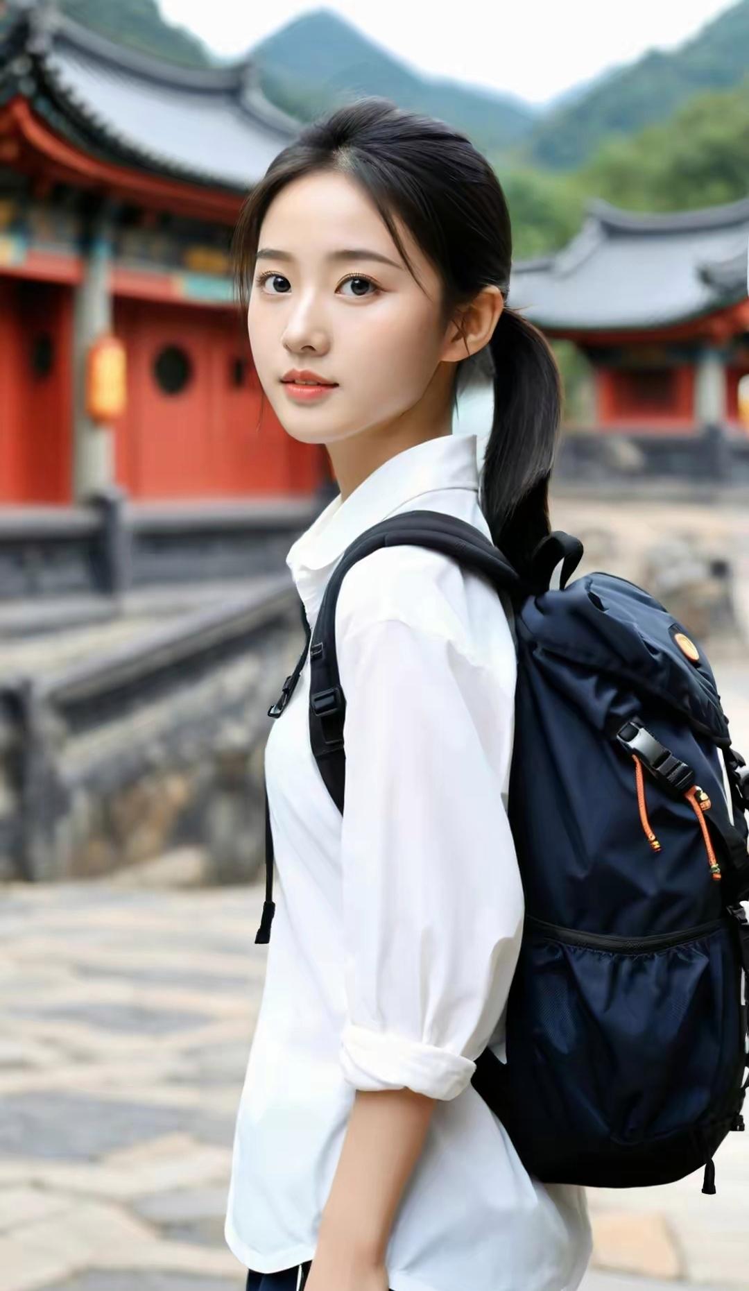 两条辫子垂肩,蓝色背包映衬着她的青春活力