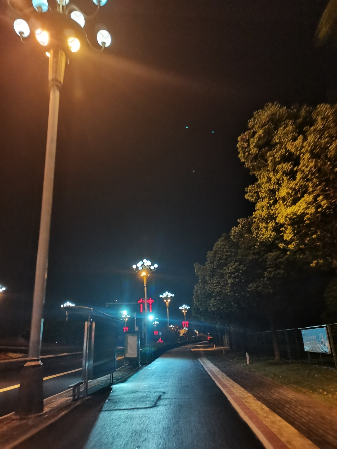 夜晚,宁静的马路上,灯光闪烁,像星辰一样伴我
