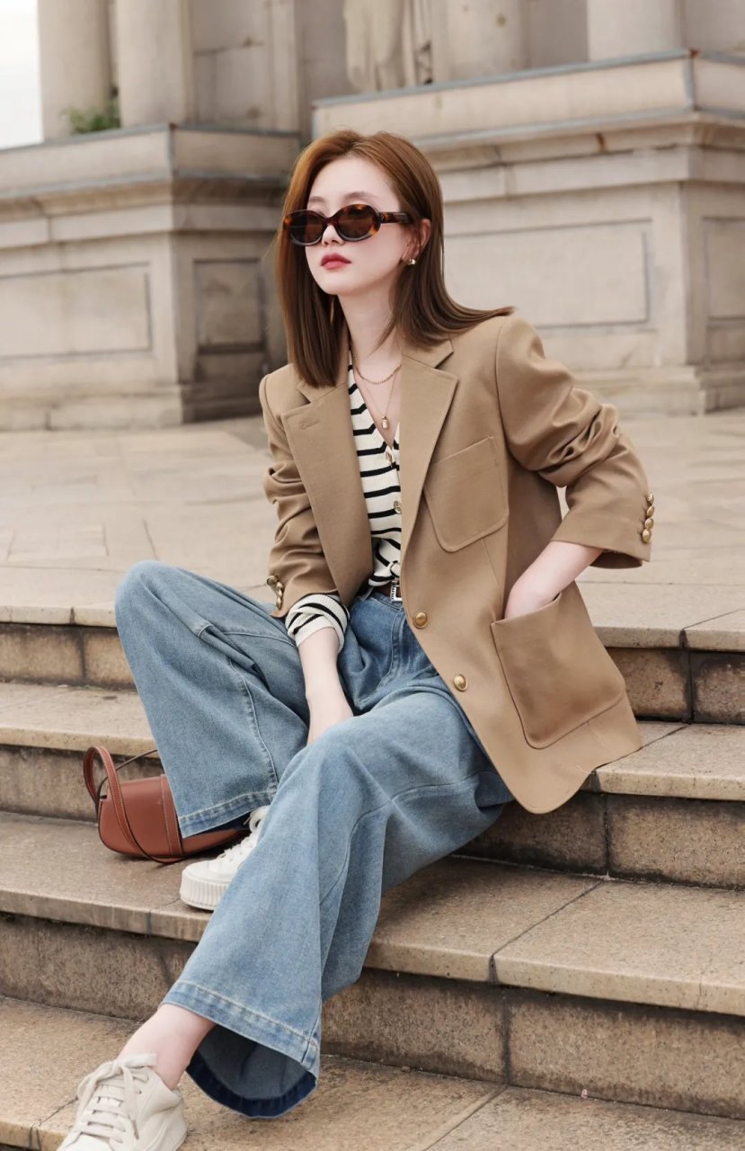 可以选择一件卡其色的西服外套,内搭条纹衫和一条牛仔裤,这样的穿搭