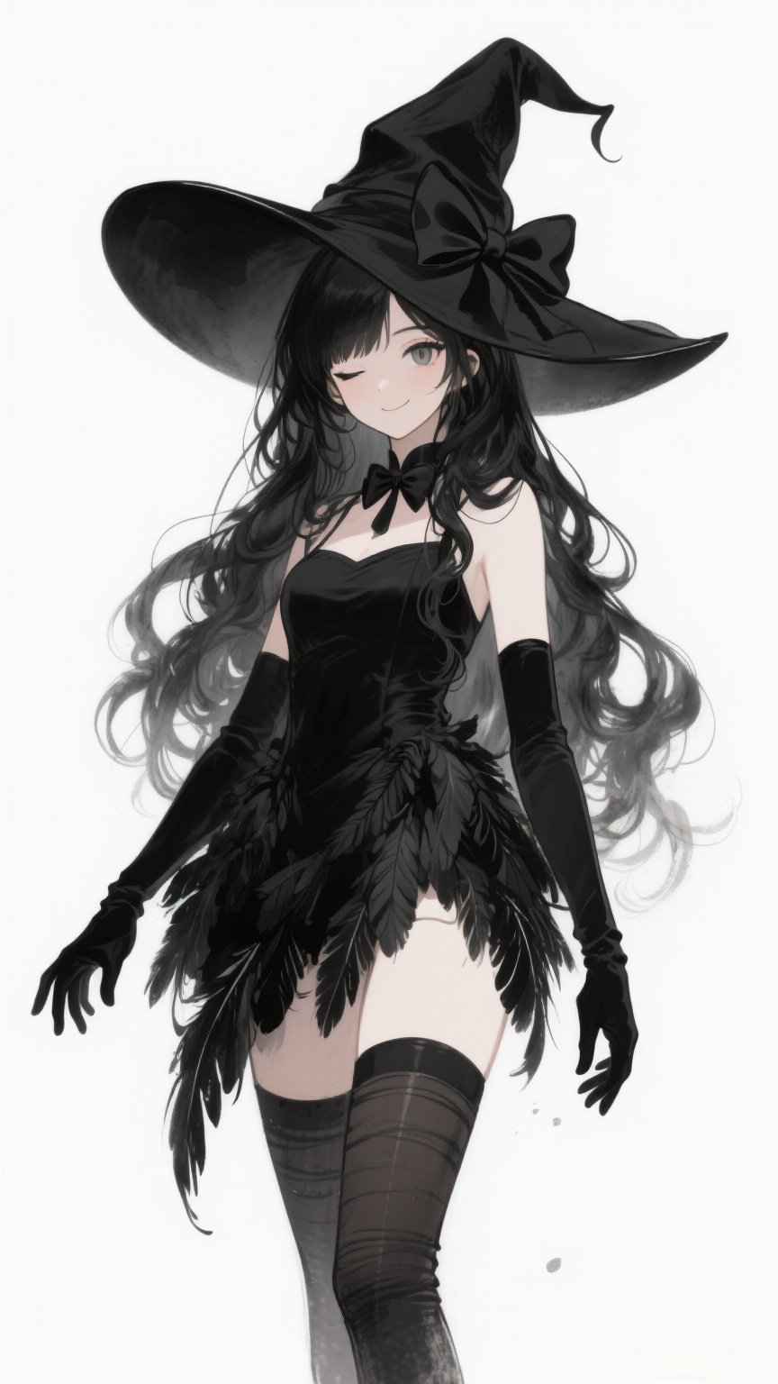 这幅图像描绘了一个神秘的女孩,她的眼神仿佛能看透人心,戴着宽边黑帽