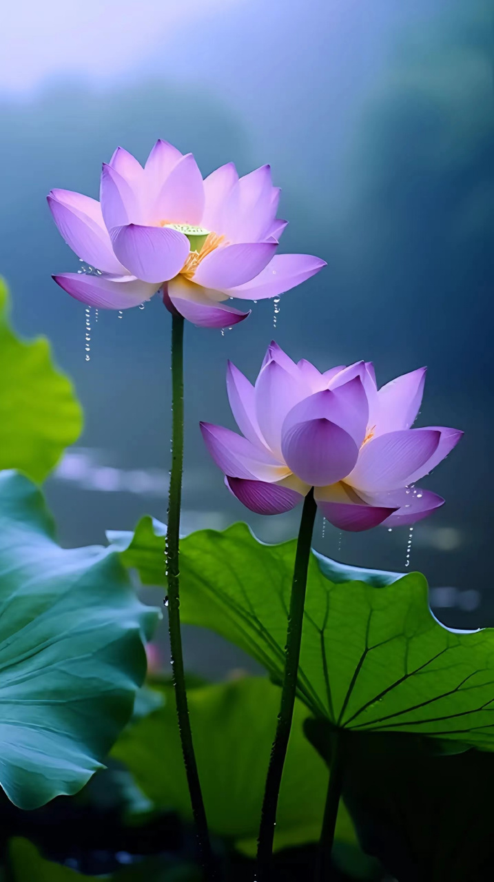 雨露滋润紫莲花,清新脱俗美如画.