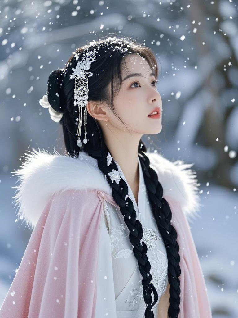雪中漫步,粉衣加身,长发及腰,美得像是从古风画里走出来的小姐姐