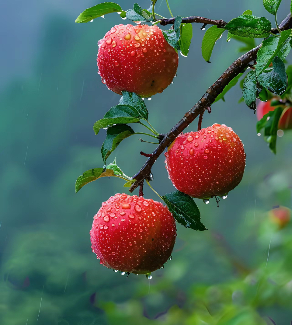 晶莹剔透的水珠点缀鲜红苹果