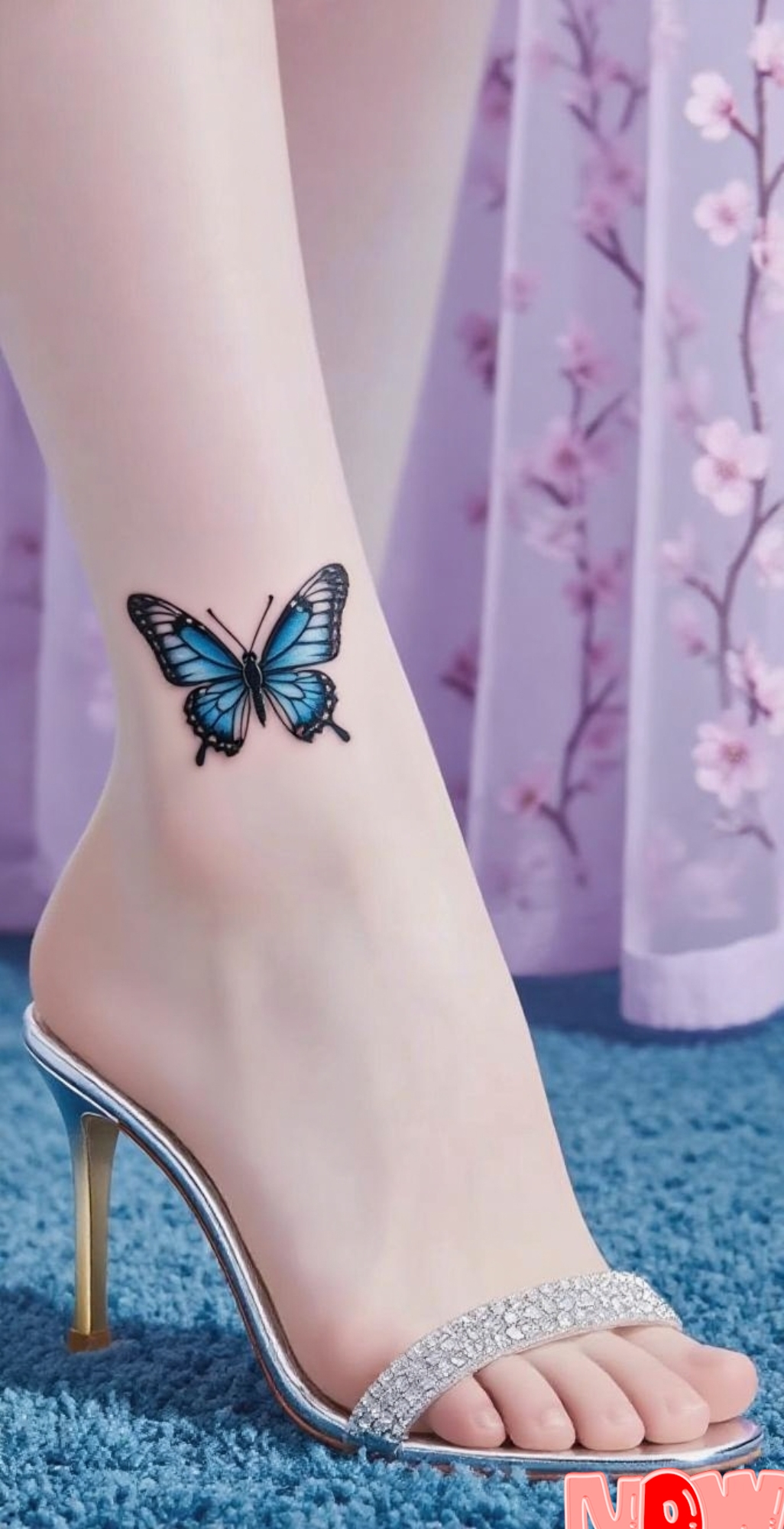 左脚踝上的蝴蝶纹身,搭配银色高跟鞋,优雅中透出几分俏皮
