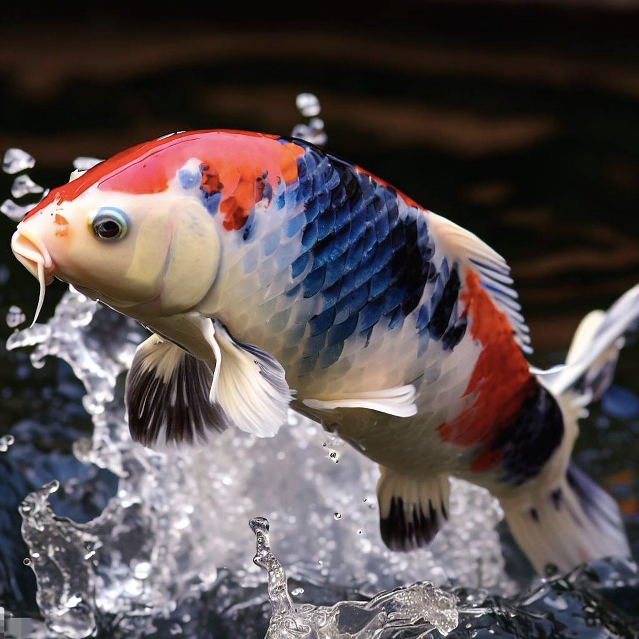 三色锦鲤跃出水面,泛起一朵浪花.